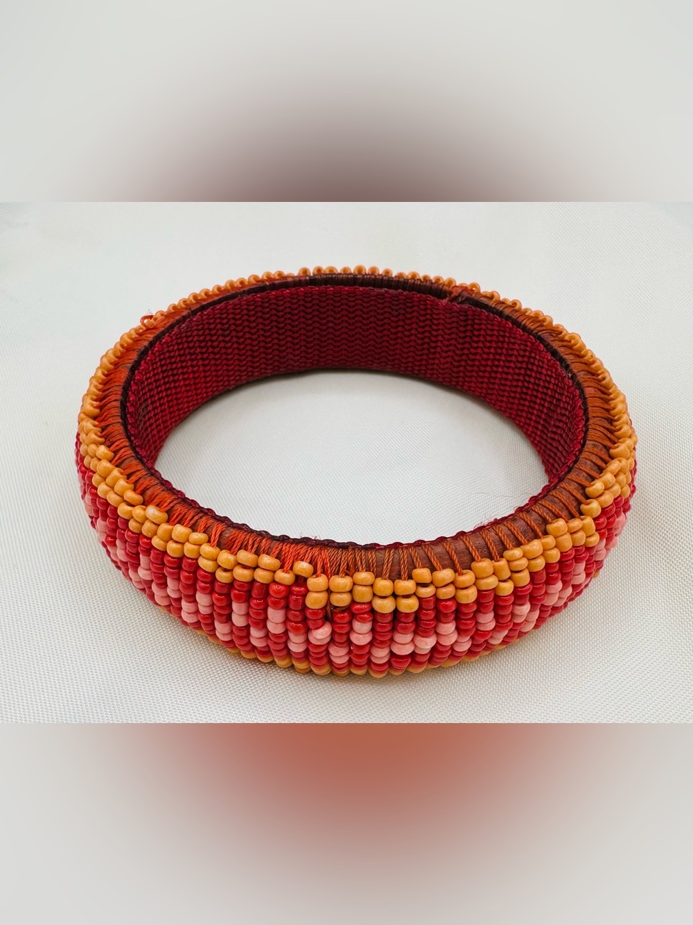 Vintage African Maasai Beaded Bangle Bracelet, Red, Orange & Pink Glass Beads